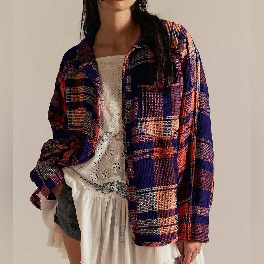 Free People We The Free Cozy In Plaid Button Down Shirt Navy Sabrina Plaid - NWT
